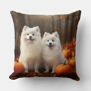 American Eskimo Puppy Autumn Delight Pumpkin Throw Pillow