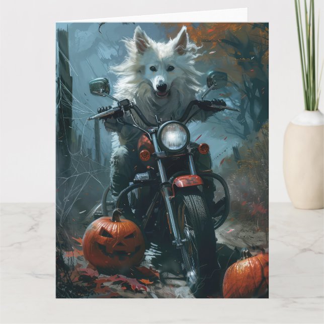 American Eskimo Riding Motorcycle Halloween Scary Card (Front)