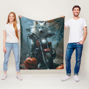 American Eskimo Riding Motorcycle Halloween Scary Fleece Blanket