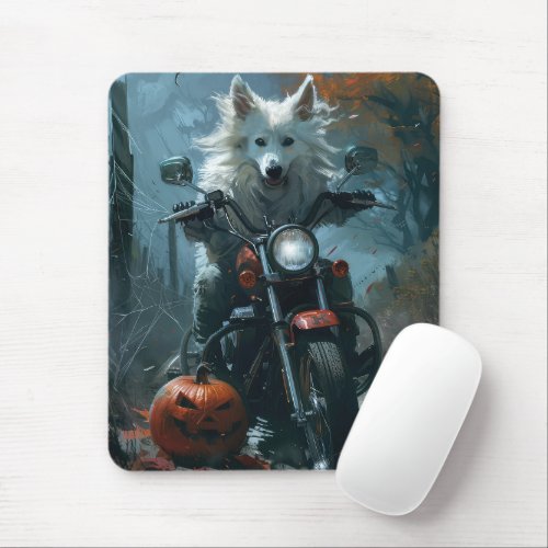 American Eskimo Riding Motorcycle Halloween Scary Mouse Pad