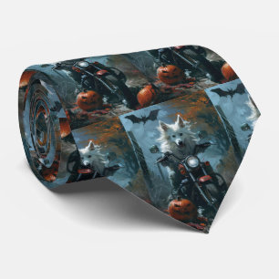 American Eskimo Riding Motorcycle Halloween Scary Neck Tie