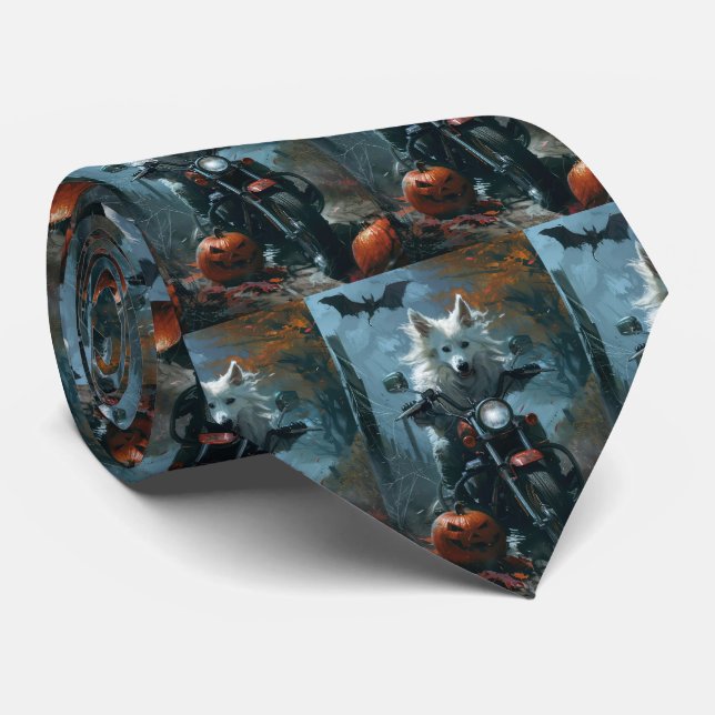 American Eskimo Riding Motorcycle Halloween Scary Neck Tie (Rolled)