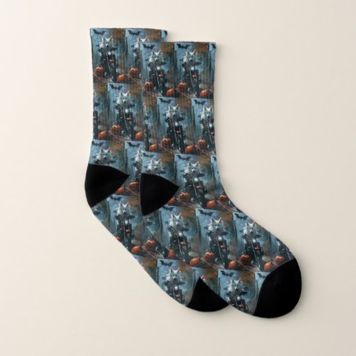 American Eskimo Riding Motorcycle Halloween Scary Socks