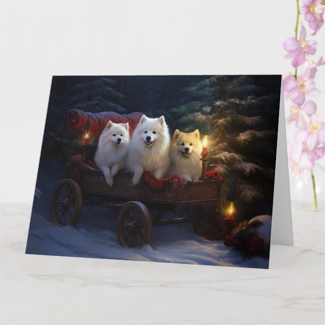 American Eskimo Snowy Sleigh Christmas Decor Card (Orchid)