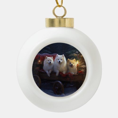 American Eskimo Snowy Sleigh Christmas Decor Ceramic Ball Christmas Ornament