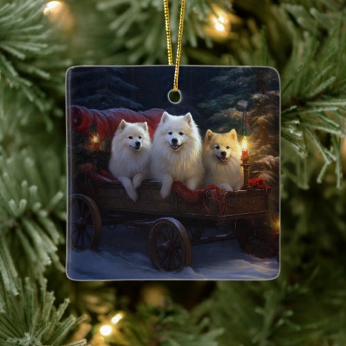 American Eskimo Snowy Sleigh Christmas Decor Ceramic Ornament