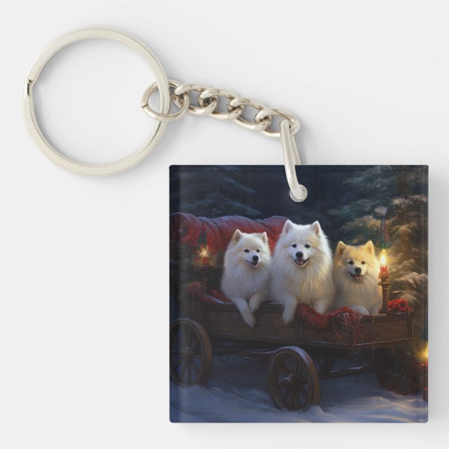 American Eskimo Snowy Sleigh Christmas Decor Keychain (Front)