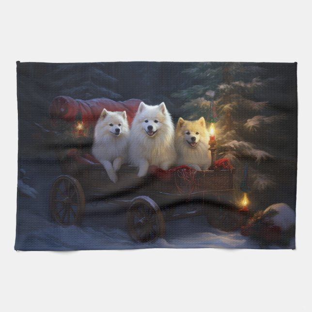 American Eskimo Snowy Sleigh Christmas Decor Kitchen Towel (Horizontal)