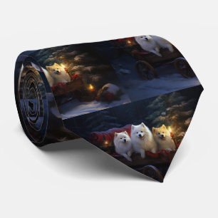 American Eskimo Snowy Sleigh Christmas Decor Neck Tie