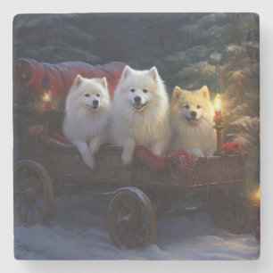 American Eskimo Snowy Sleigh Christmas Decor Stone Coaster