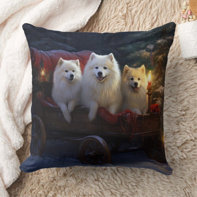 American Eskimo Snowy Sleigh Christmas Decor Throw Pillow (Blanket)