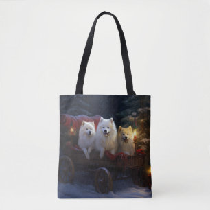 American Eskimo Snowy Sleigh Christmas Decor Tote Bag