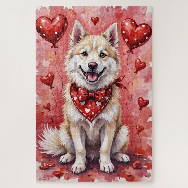 American Eskimo Valentine Dog Art with Hearts Jigsaw Puzzle (Vertical)