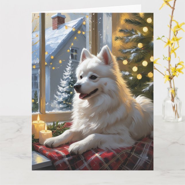 American Eskimo With Christmas Lights Holiday Card (Yellow Flower)