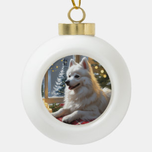American Eskimo With Christmas Lights Holiday Ceramic Ball Christmas Ornament