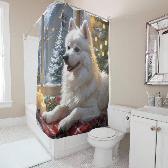 American Eskimo With Christmas Lights Holiday Shower Curtain (In Situ)