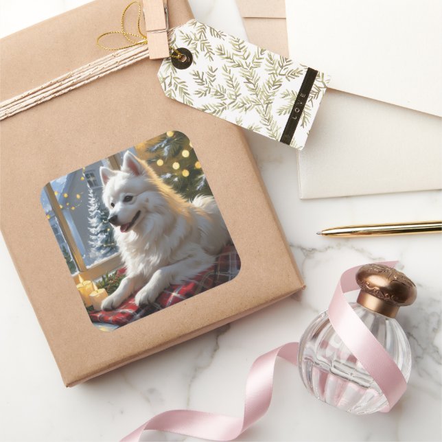 American Eskimo With Christmas Lights Holiday Square Sticker (Gifting)