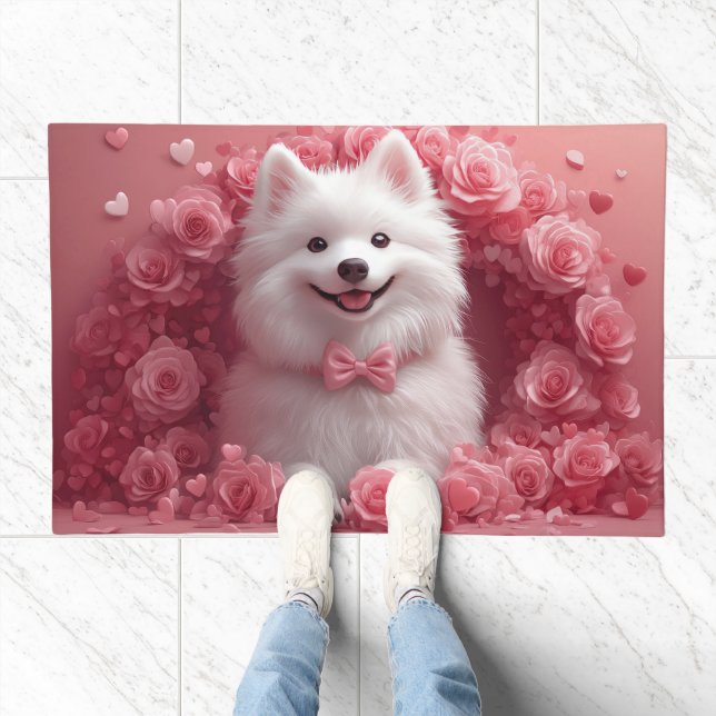 American Eskimo with Roses - Valentine's Day Doormat (Indoor)