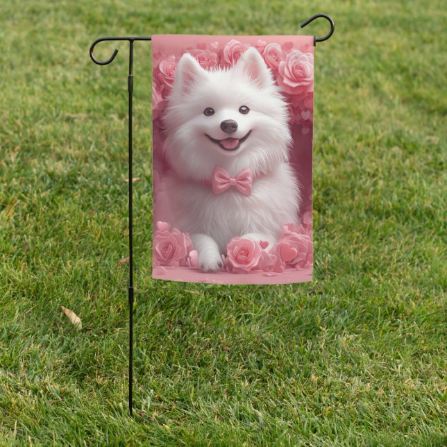 American Eskimo with Roses - Valentine's Day Garden Flag (In SItu)