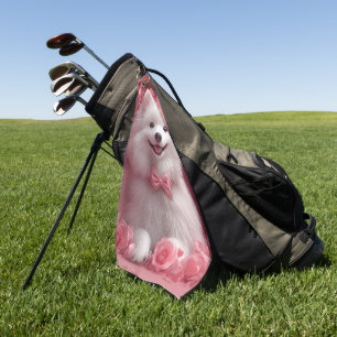 American Eskimo with Roses - Valentine's Day Golf Towel
