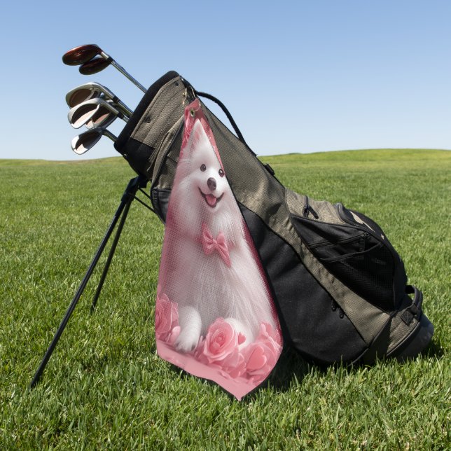 American Eskimo with Roses - Valentine's Day Golf Towel (Green)