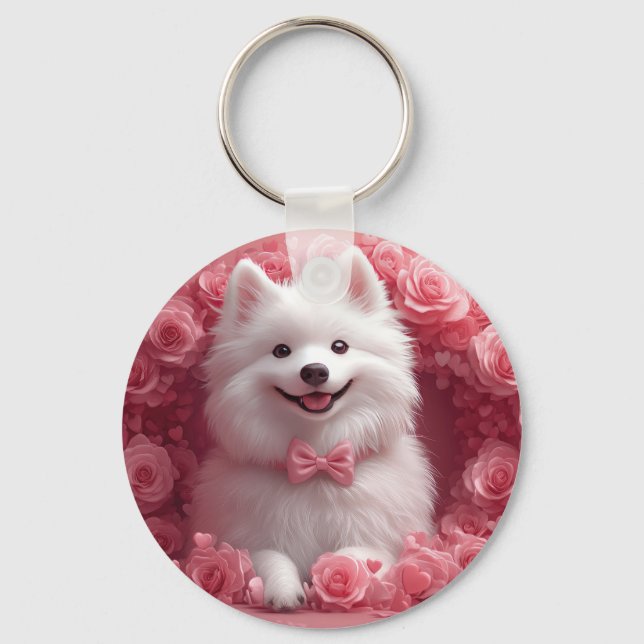 American Eskimo with Roses - Valentine's Day Keychain (Front)