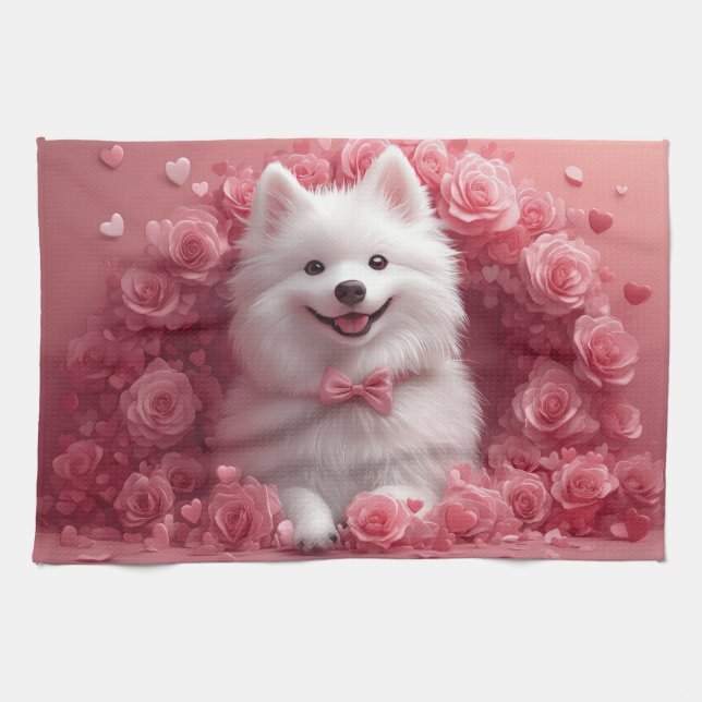 American Eskimo with Roses - Valentine's Day Kitchen Towel (Horizontal)