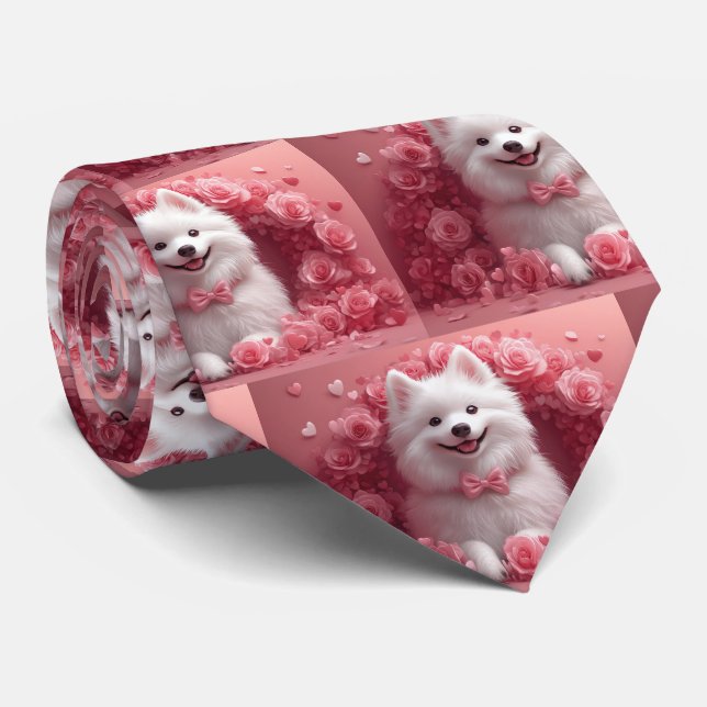 American Eskimo with Roses - Valentine's Day Neck Tie (Rolled)