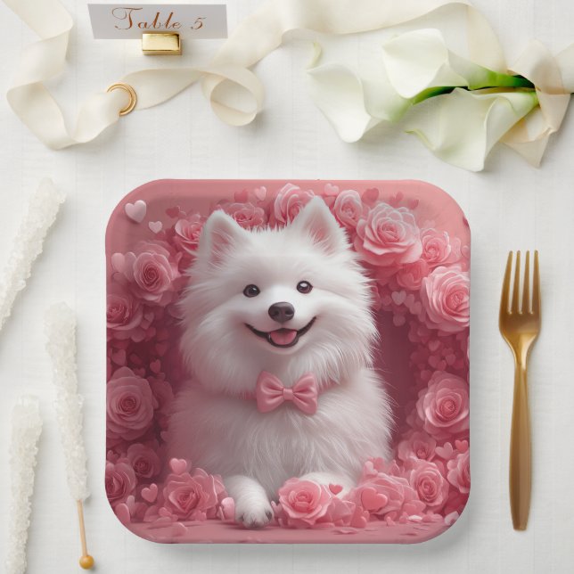 American Eskimo with Roses - Valentine's Day Paper Plates (Wedding)