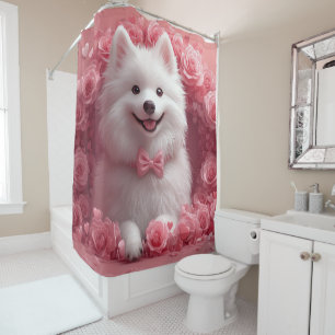 American Eskimo with Roses - Valentine's Day Shower Curtain