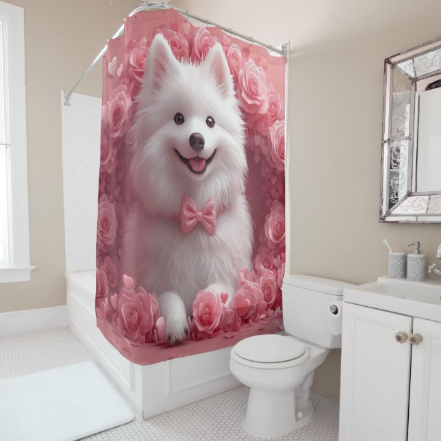 American Eskimo with Roses - Valentine's Day Shower Curtain (In Situ)
