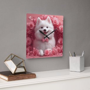 American Eskimo with Roses - Valentine's Day Square Wall Clock