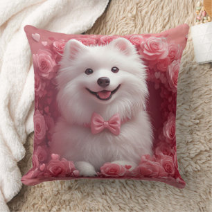 American Eskimo with Roses - Valentine's Day Throw Pillow