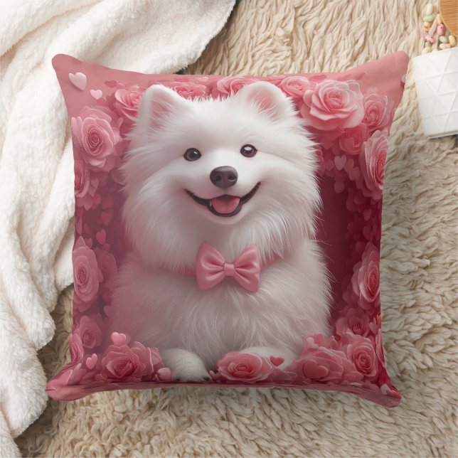 American Eskimo with Roses - Valentine's Day Throw Pillow (Blanket)