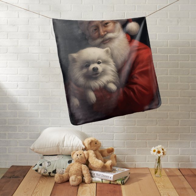 American Eskimo with Santa Claus Festive Christmas Baby Blanket (In Situ)