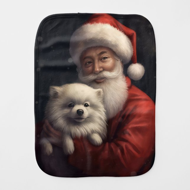 American Eskimo with Santa Claus Festive Christmas Baby Burp Cloth (Front)