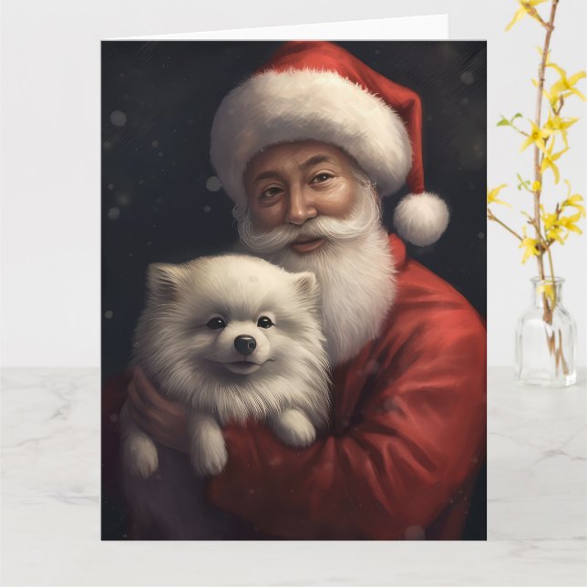 American Eskimo with Santa Claus Festive Christmas Card (Yellow Flower)