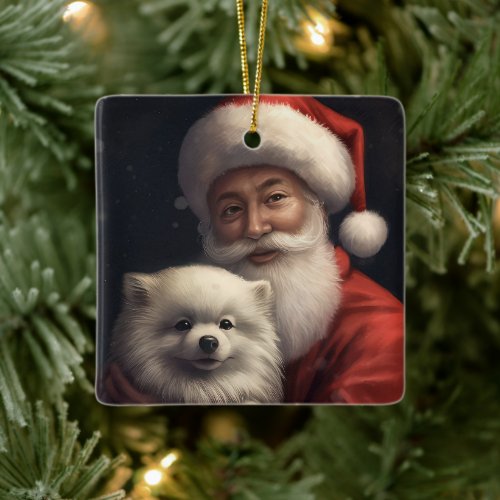 American Eskimo with Santa Claus Festive Christmas Ceramic Ornament