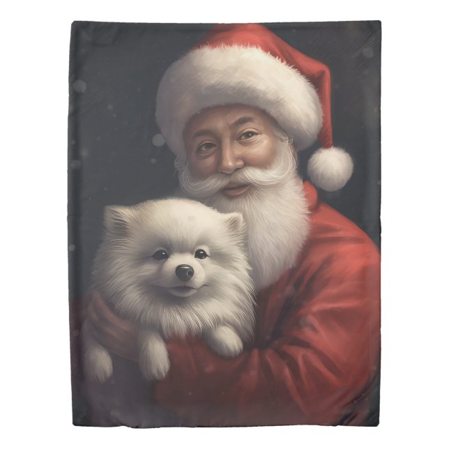 American Eskimo with Santa Claus Festive Christmas Duvet Cover (Front)