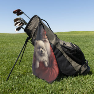 American Eskimo with Santa Claus Festive Christmas Golf Towel
