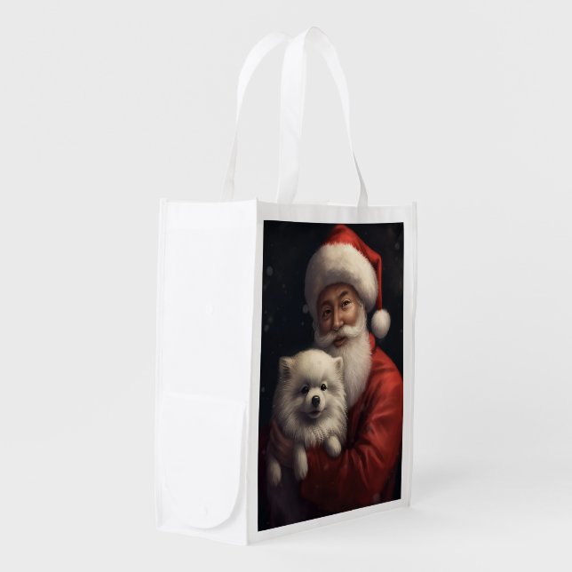 American Eskimo with Santa Claus Festive Christmas Grocery Bag (Front Side)