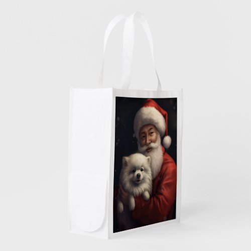 American Eskimo with Santa Claus Festive Christmas Grocery Bag