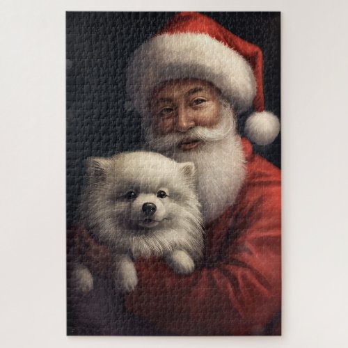 American Eskimo with Santa Claus Festive Christmas Jigsaw Puzzle
