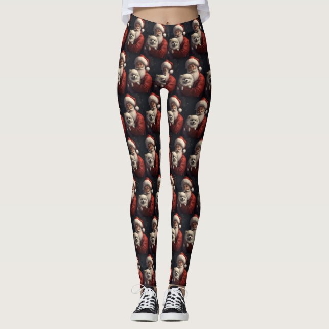 American Eskimo with Santa Claus Festive Christmas Leggings (Front)