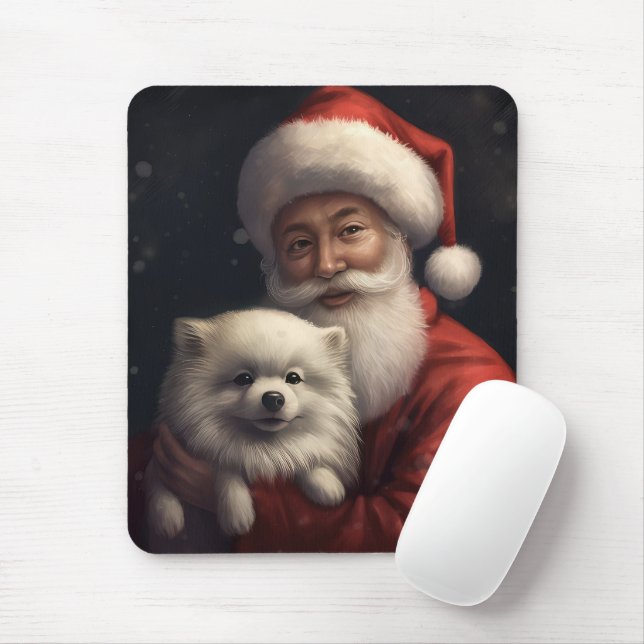 American Eskimo with Santa Claus Festive Christmas Mouse Pad (With Mouse)