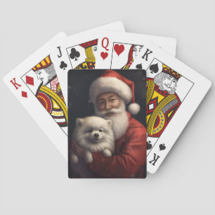 American Eskimo with Santa Claus Festive Christmas Poker Cards
