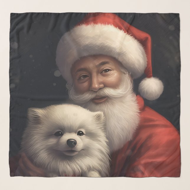 American Eskimo with Santa Claus Festive Christmas Scarf (Front)
