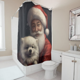 American Eskimo with Santa Claus Festive Christmas Shower Curtain