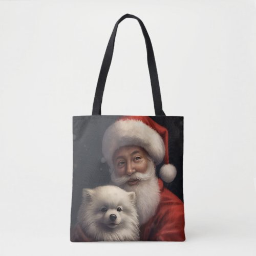 American Eskimo with Santa Claus Festive Christmas Tote Bag
