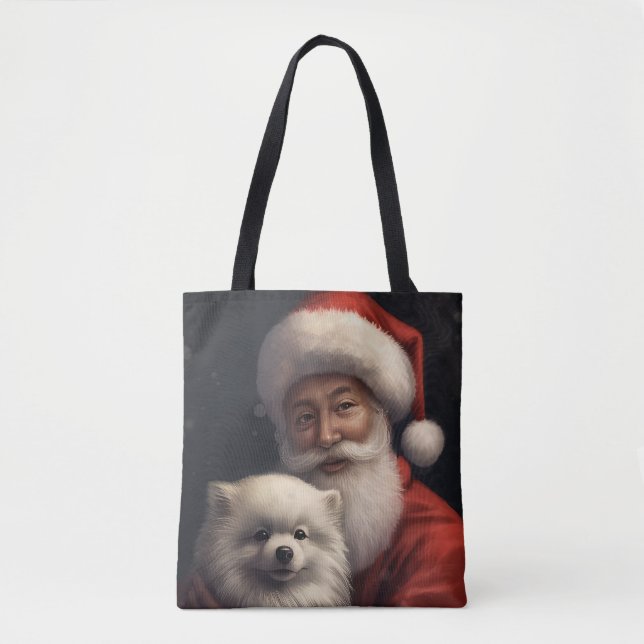 American Eskimo with Santa Claus Festive Christmas Tote Bag (Front)